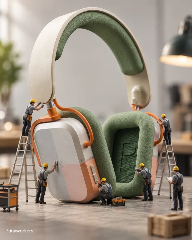 Auriculares gigantes con trabajadores en miniatura
