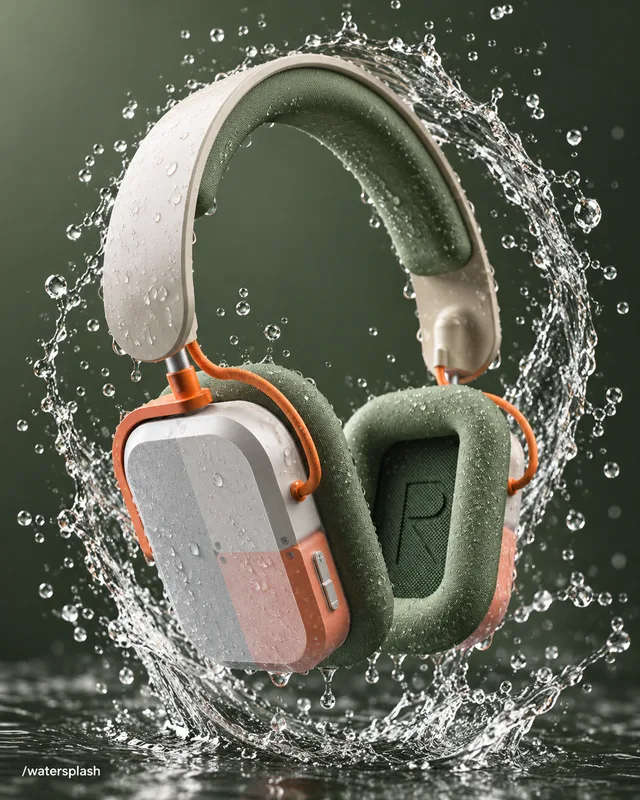 Auriculares en una composición con agua en movimiento